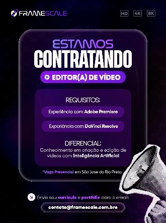 Arte da FrameScale anunciando vaga de editor(a) de vídeo